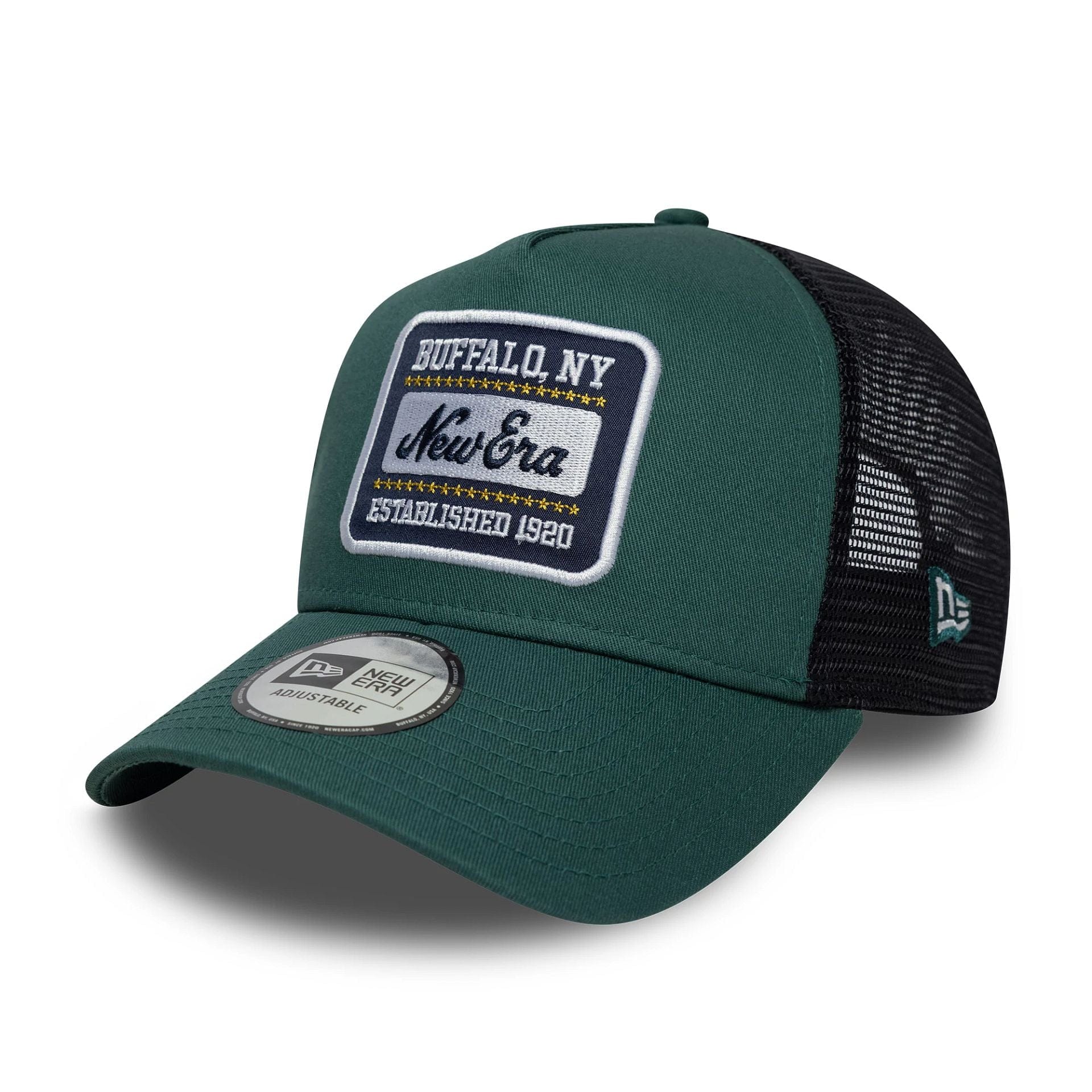 Pictured is this New Era Patch 9FORTY A-Frame Trucker in dark green. 1