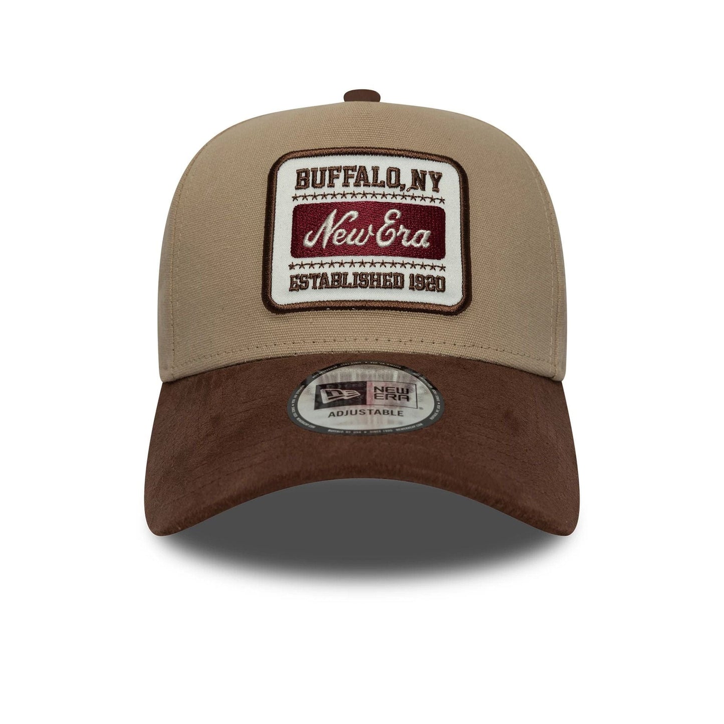 Pictured is this New Era Patch Suede 9FORTY E-Frame in light beige. 2