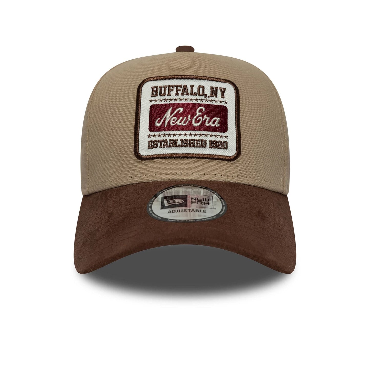 Pictured is this New Era Patch Suede 9FORTY E-Frame in light beige. 2