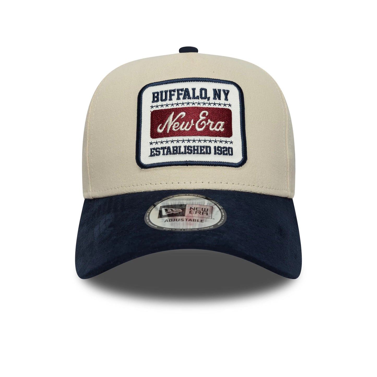 Pictured is this New Era Patch Suede 9FORTY E-Frame in cream & navy. 2