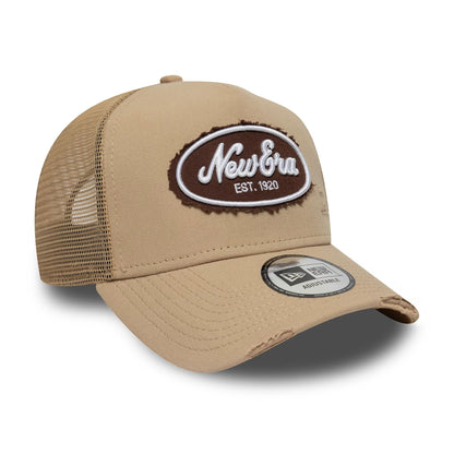 Pictured is this New Era Canvas Distressed 9FORTY A-Frame Trucker in light beige. 3