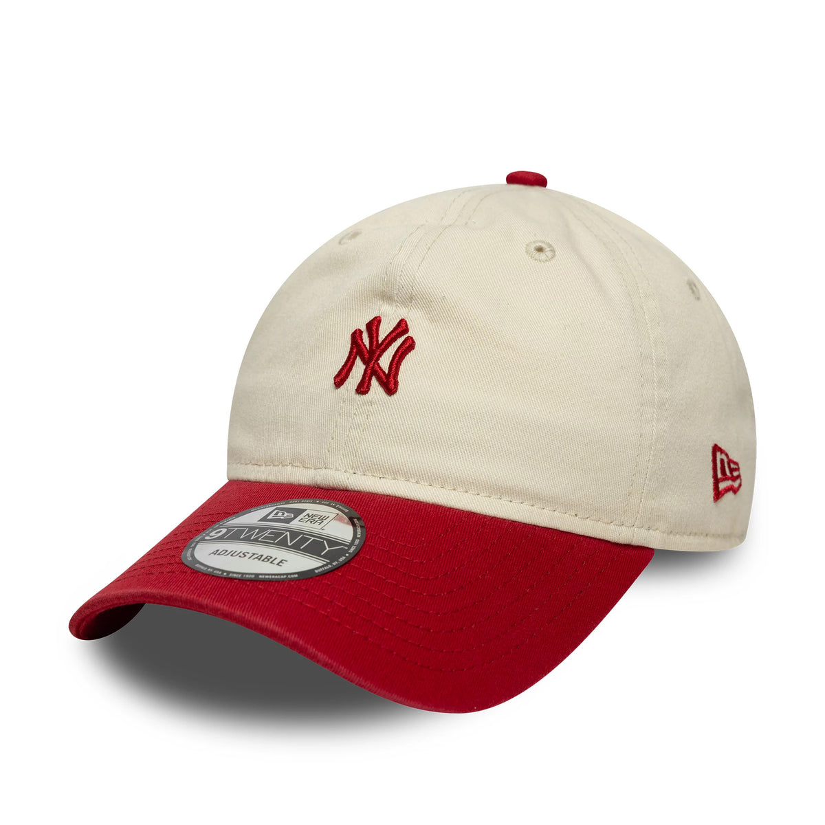 New York Yankees MLB Mini Logo Red New Era 9TWENTY Cap, three-quarter view showing the red NY logo embroidered on the front panel, curved red visor with 9TWENTY size sticker, and red New Era flag logo on the left side.