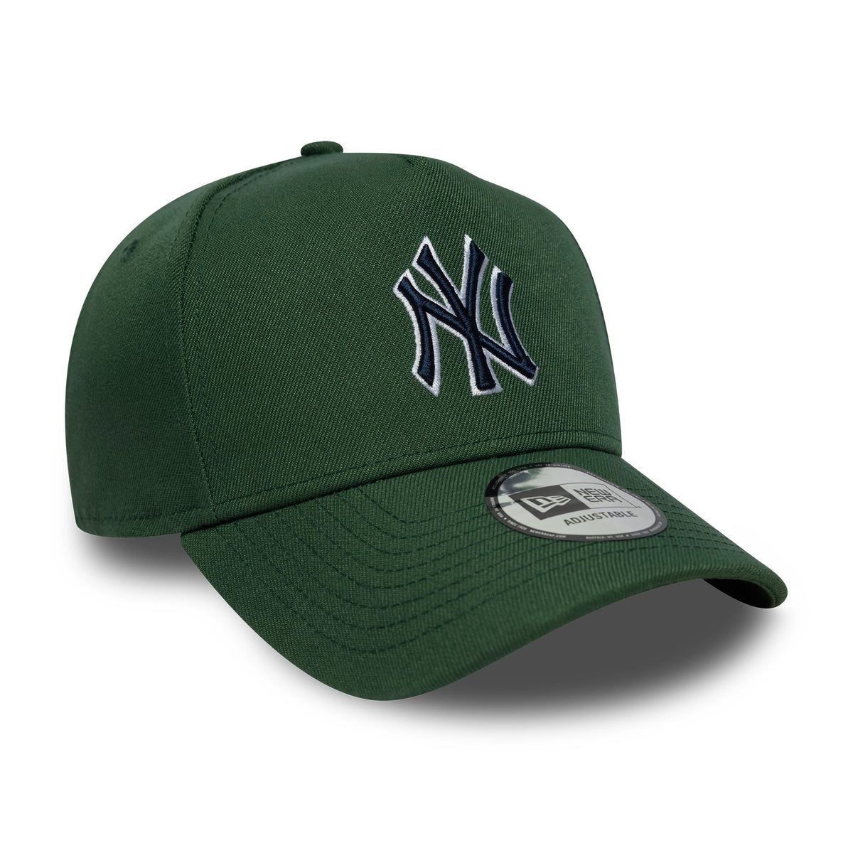 New York Yankees MLB Outline Script Dark Green New Era 9FORTY E-Frame Cap, three-quarter view showing the raised white embroidered NY logo on the front panel, curved dark green visor and 9FORTY size sticker.