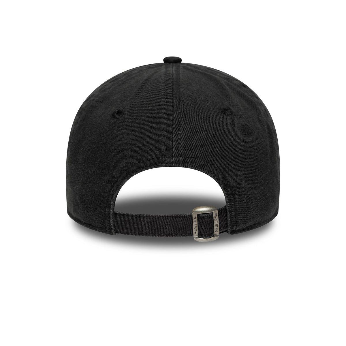 New York Mets MLB Washed Script Black New Era 9TWENTY Cap, rear view showing the washed black fabric, an adjustable strap with a buckle, and a curved visor on the relaxed unstructured crown.