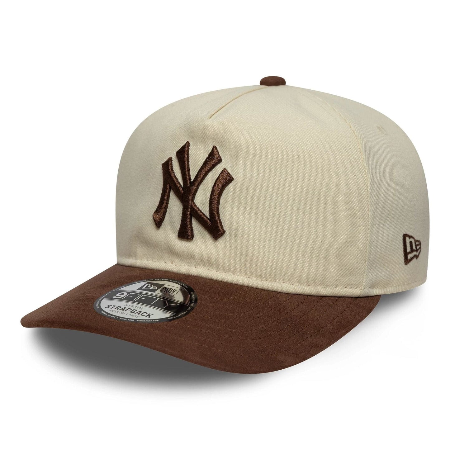 Pictured is this MLB Suede Visor New York Yankees 9FIFTY A-Frame Snapback in light beige. 1