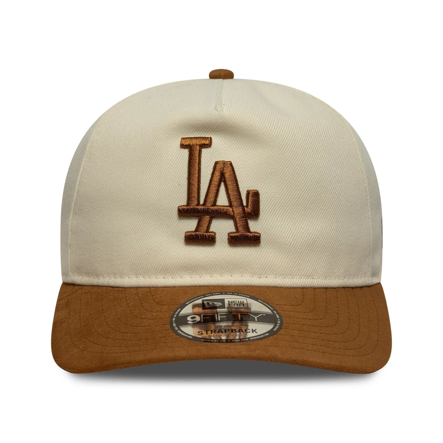 Pictured is this MLB Suede Visor LA Dodgers 9FIFTY A-Frame Snapback in light beige. 2