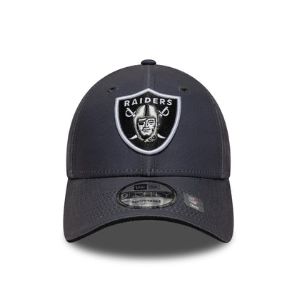 Las Vegas Raiders NFL Microfibre Charcoal New Era 9FORTY Cap, front view showing a raised embroidered Raiders logo on the structured charcoal crown with a curved visor and a 9FORTY size sticker on the front.