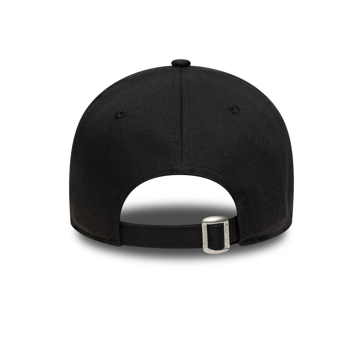 New York Yankees MLB Outline Camo Black New Era 9FORTY Cap, rear view featuring a curved visor, adjustment strap with silver buckle, and black fabric crown, displaying no external logos.