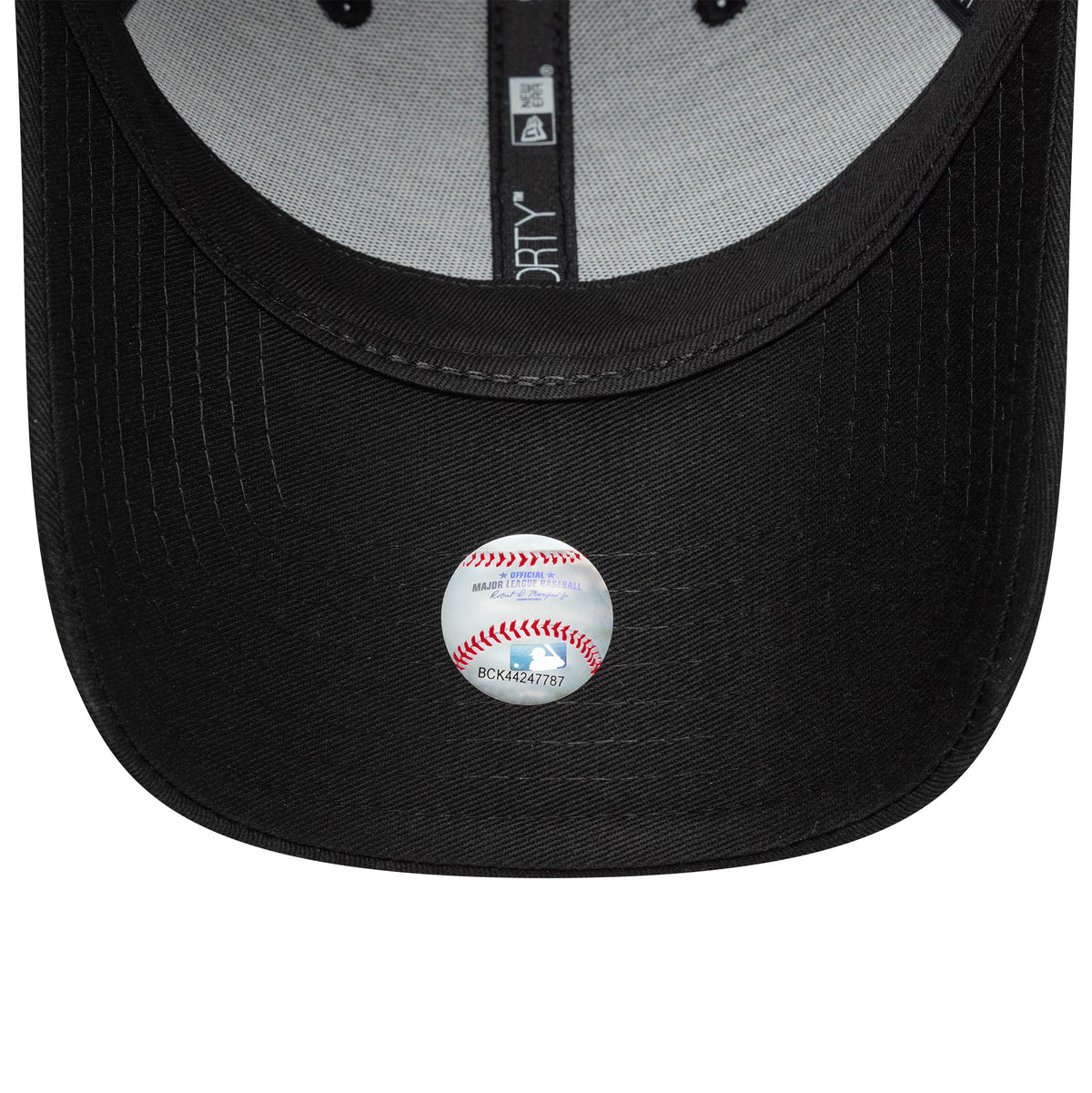 New York Yankees MLB Outline Camo Black New Era 9FORTY Cap, inside view showing a grey undervisor with a 9FORTY size sticker, black taping with white branding, and black stitching details on the visor.
