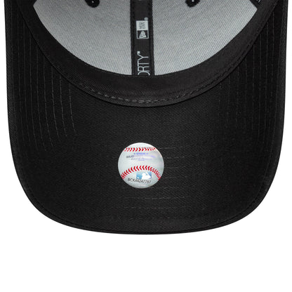 New York Yankees MLB Outline Camo Black New Era 9FORTY Cap, inside view showing a grey undervisor with a 9FORTY size sticker, black taping with white branding, and black stitching details on the visor.