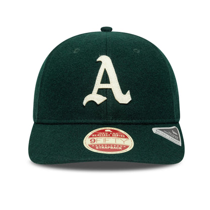 Athletics MLB Heritage Dark Green Retro Crown New Era 9FIFTY Cap, front view showing the cream raised embroidered A logo on the front panel, with a flat visor and a New Era Heritage Series 9FIFTY size sticker.