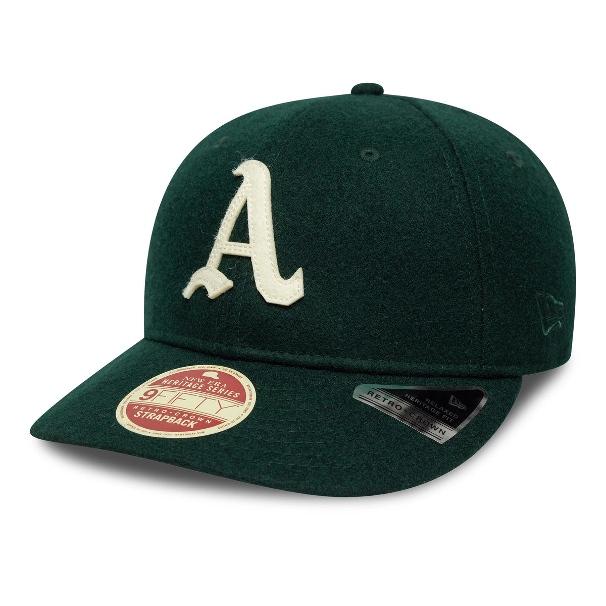 Athletics MLB Heritage Dark Green Retro Crown New Era 9FIFTY Cap, three-quarter view showing white raised A logo on the front panel, flat dark green visor with a New Era size sticker and a beige retro crown sticker.