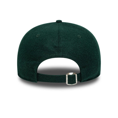 Athletics MLB Heritage Dark Green Retro Crown New Era 9FIFTY Cap, rear view showing the unstructured crown with an adjustable strap and buckle, highlighting the deep green fabric and small top button.