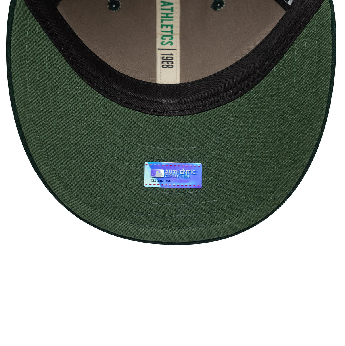 Athletics MLB Heritage Dark Green Retro Crown New Era 9FIFTY Cap, inside view showing the green undervisor with an authentic collection sticker, black sweatband and brown taping featuring green Athletics 1968 lettering.
