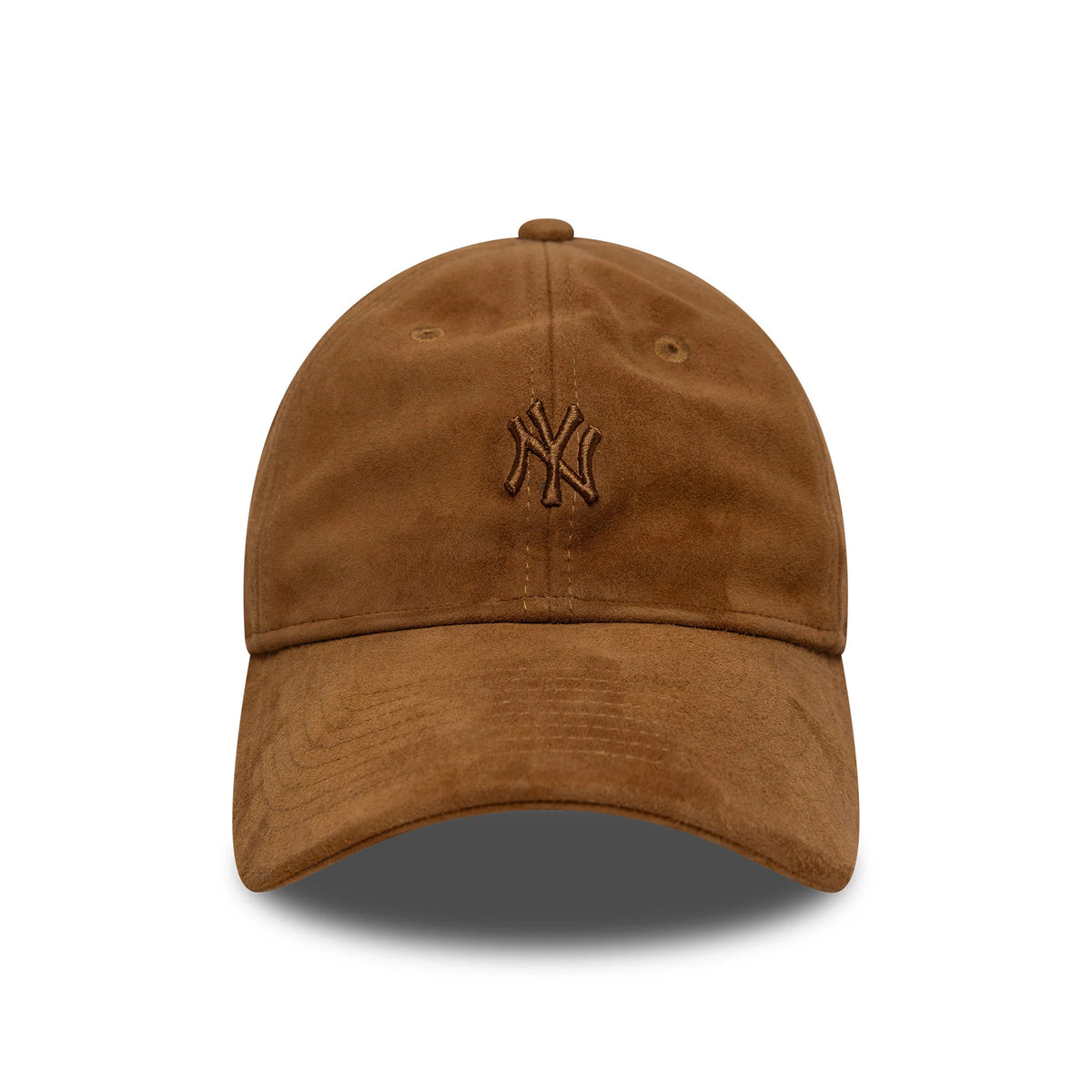 New York Yankees MLB Suede Brown New Era 9TWENTY Cap, front view with a brown embroidered NY logo on the soft suede crown and matching curved visor, featuring embroidered eyelets and a top button.