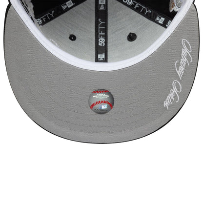 New York Mets MLB Subway Series Black New Era 59FIFTY Fitted Cap, inside view showing grey undervisor with Cooperstown Collection logo script, black taping with 59FIFTY branding and an official MLB holographic sticker at the centre.