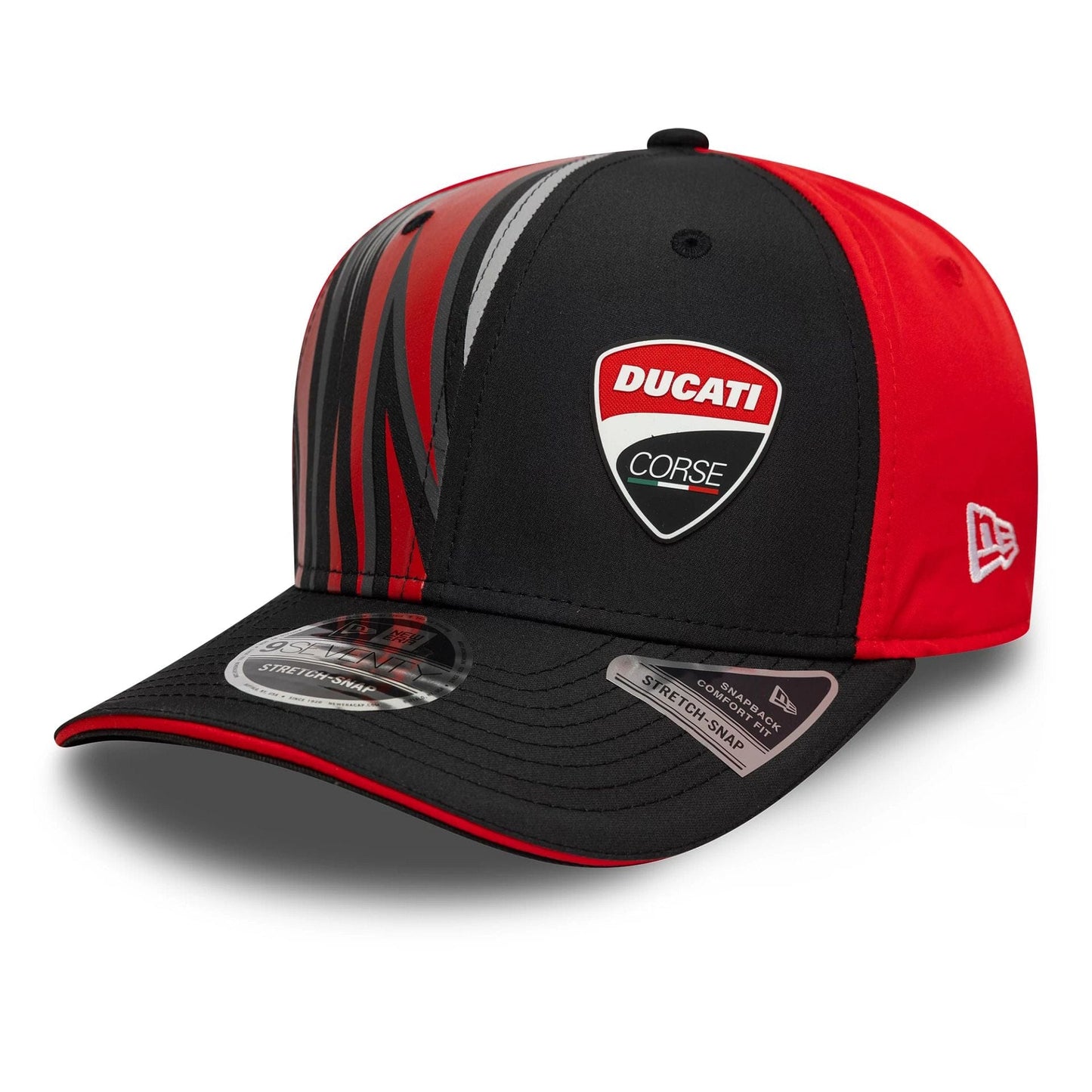 Pictured is this Ducati Motor Logo Print 9SEVENTY Stretch Snap in black. 1