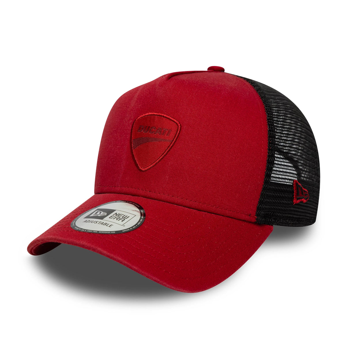 Ducati Motor Logo Dark Red New Era 9FORTY E-Frame Trucker Cap, three-quarter view with a red embroidered shield logo on the front panel, a black mesh rear, and a New Era flag logo on the left side above the curved visor with a 9FORTY size sticker.