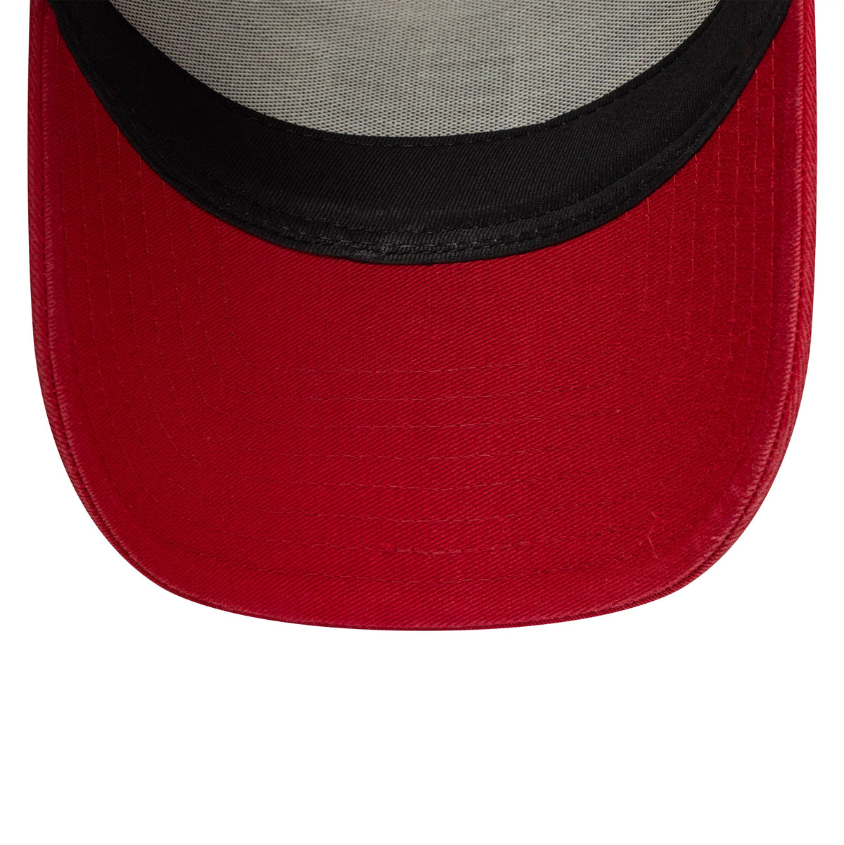 Ducati Motor Logo Dark Red New Era 9FORTY E-Frame Trucker Cap, inside view showing the black undervisor and curved dark red visor, along with the interior mesh lining.