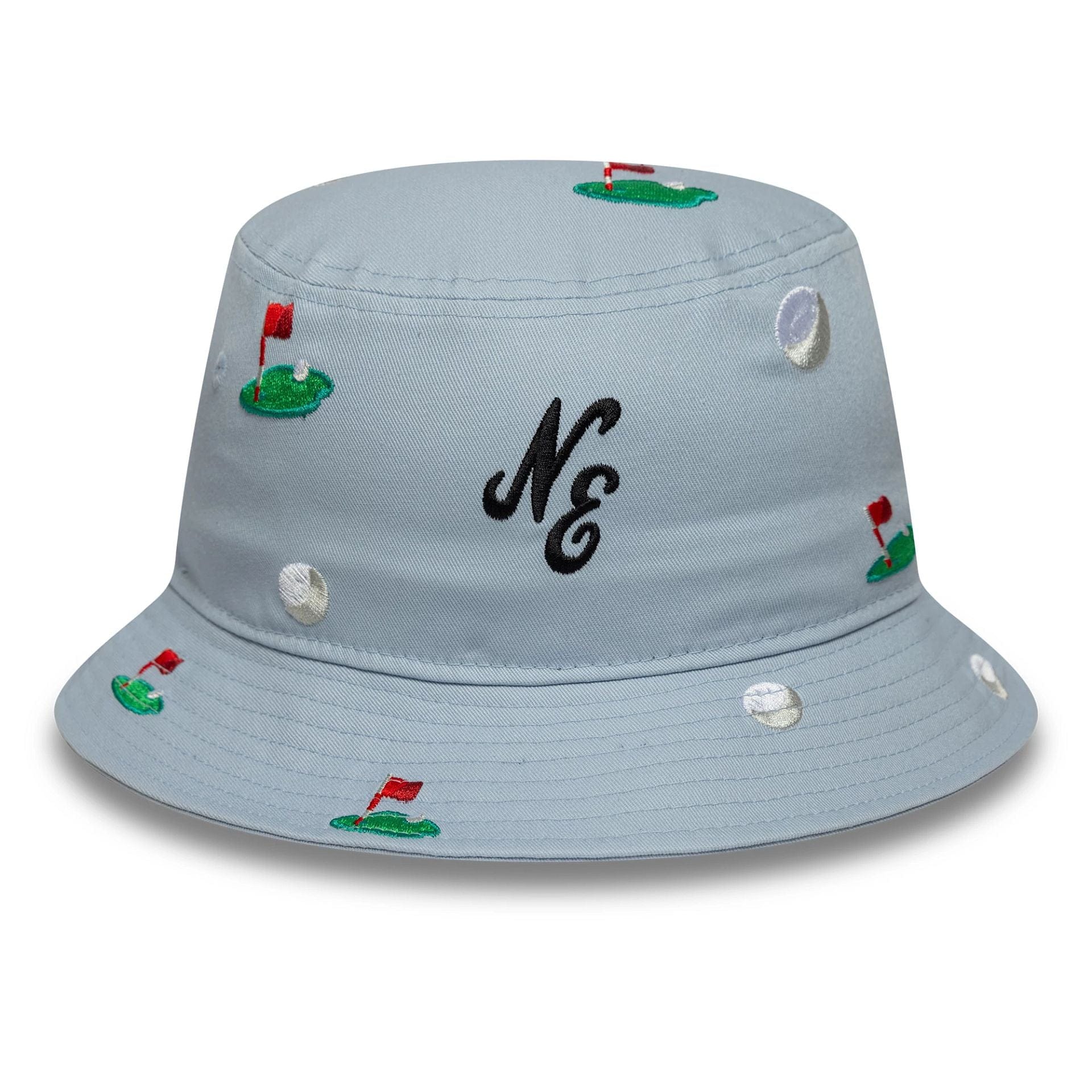 Pictured is this New Era All Over Print Bucket hat in pastel blue. 2