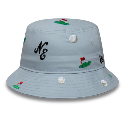 Pictured is this New Era All Over Print Bucket hat in pastel blue. 1