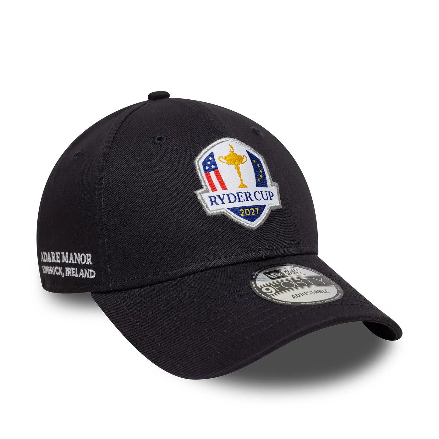 Pictured is this Adare Manor Ryder Cup Europe 2027 9FORTY cap in navy. 1