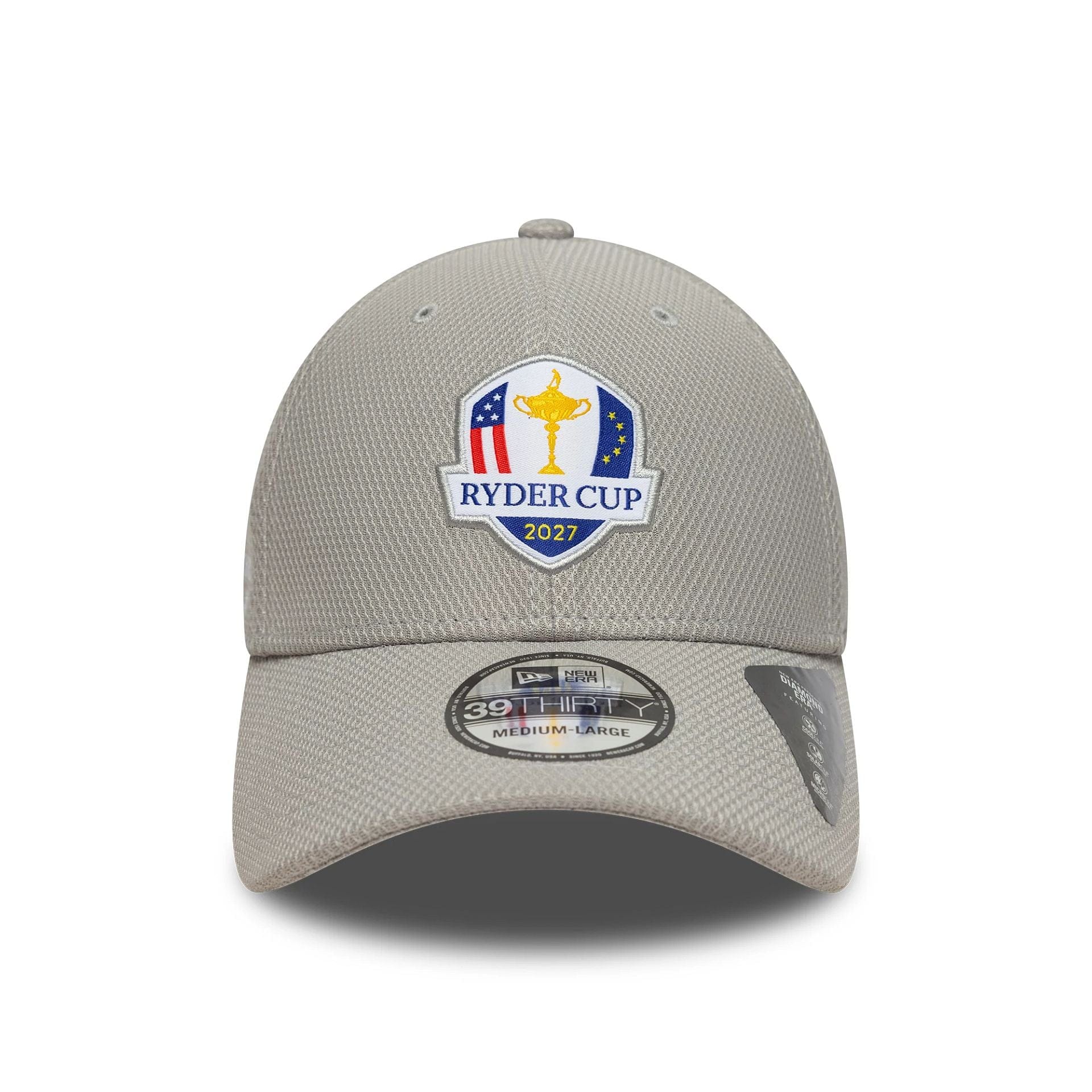 Pictured is this Diamond Era Ryder Cup Europe 2027 39THIRTY Stretch Fit cap in grey. 2