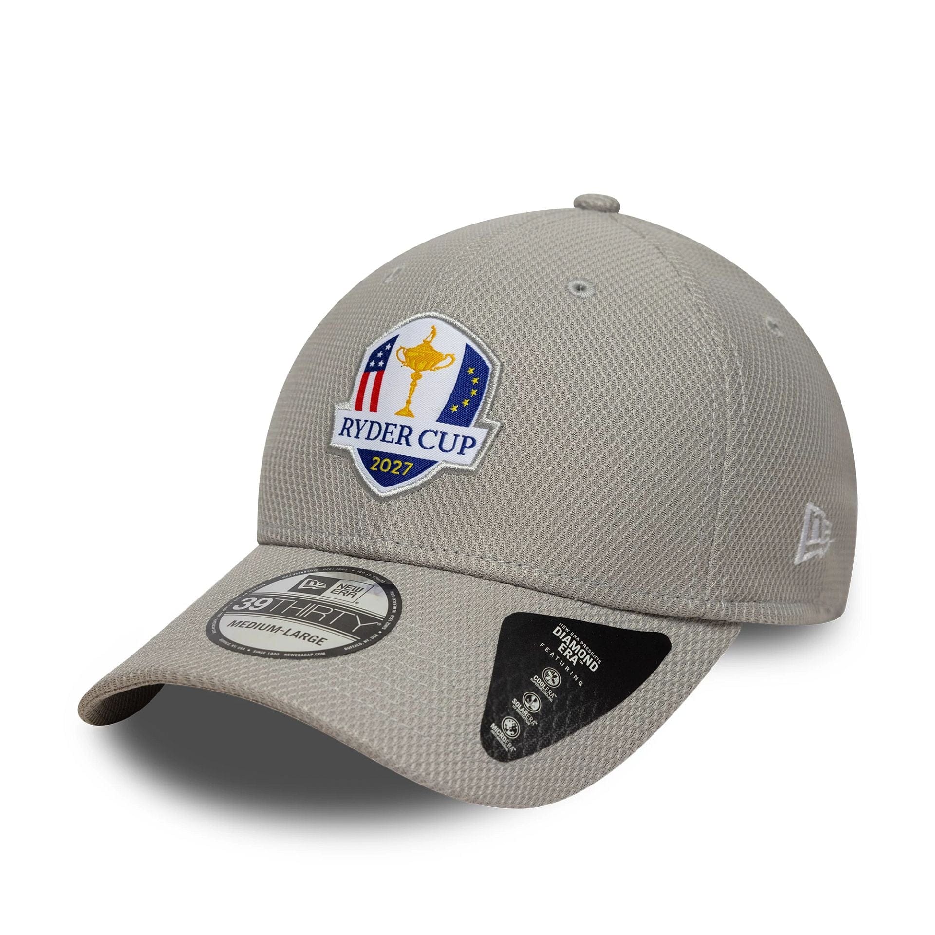 Pictured is this Diamond Era Ryder Cup Europe 2027 39THIRTY Stretch Fit cap in grey. 3
