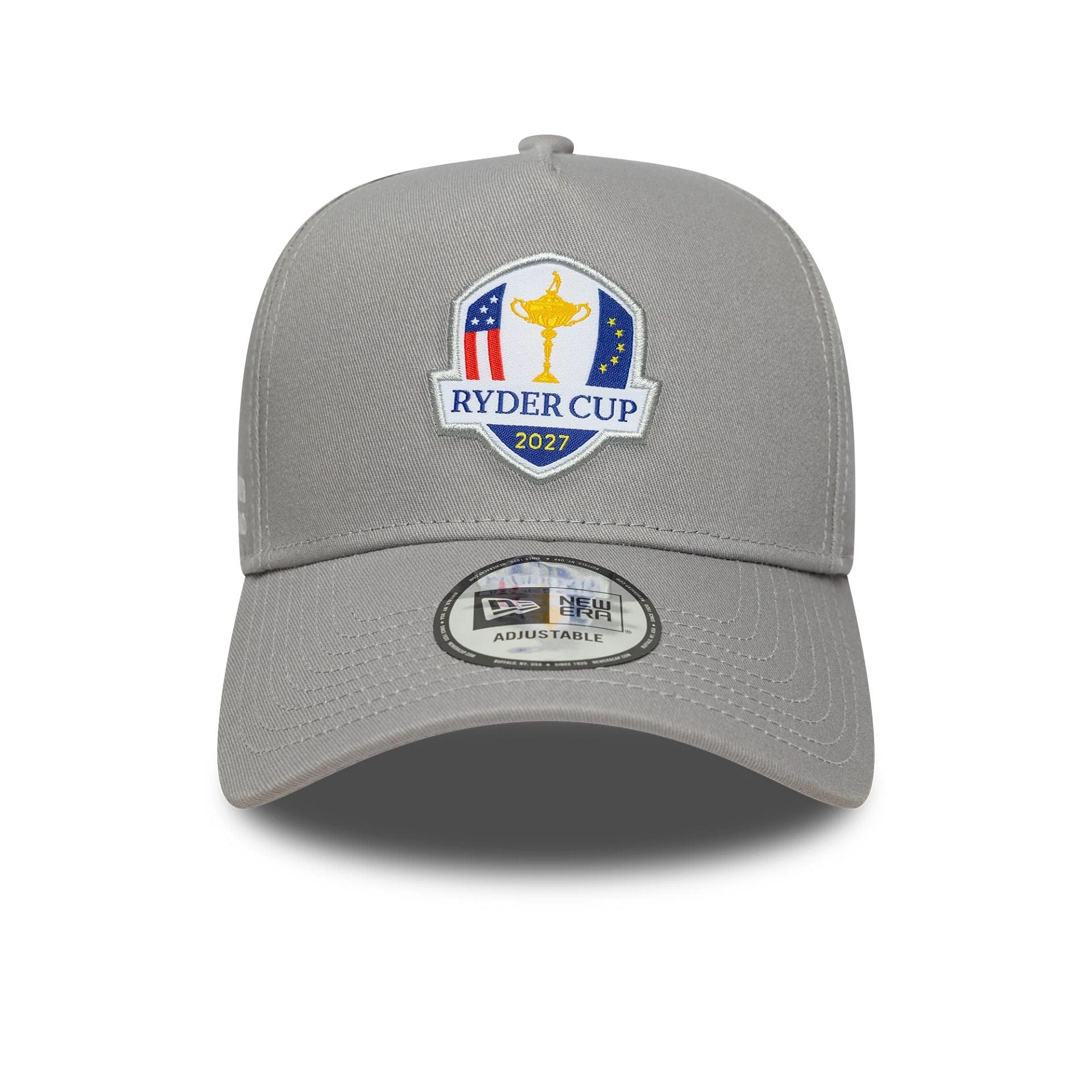 Pictured is this Core Ryder Cup Europe 2027 9FORTY A-Frame Trucker cap in grey. 2