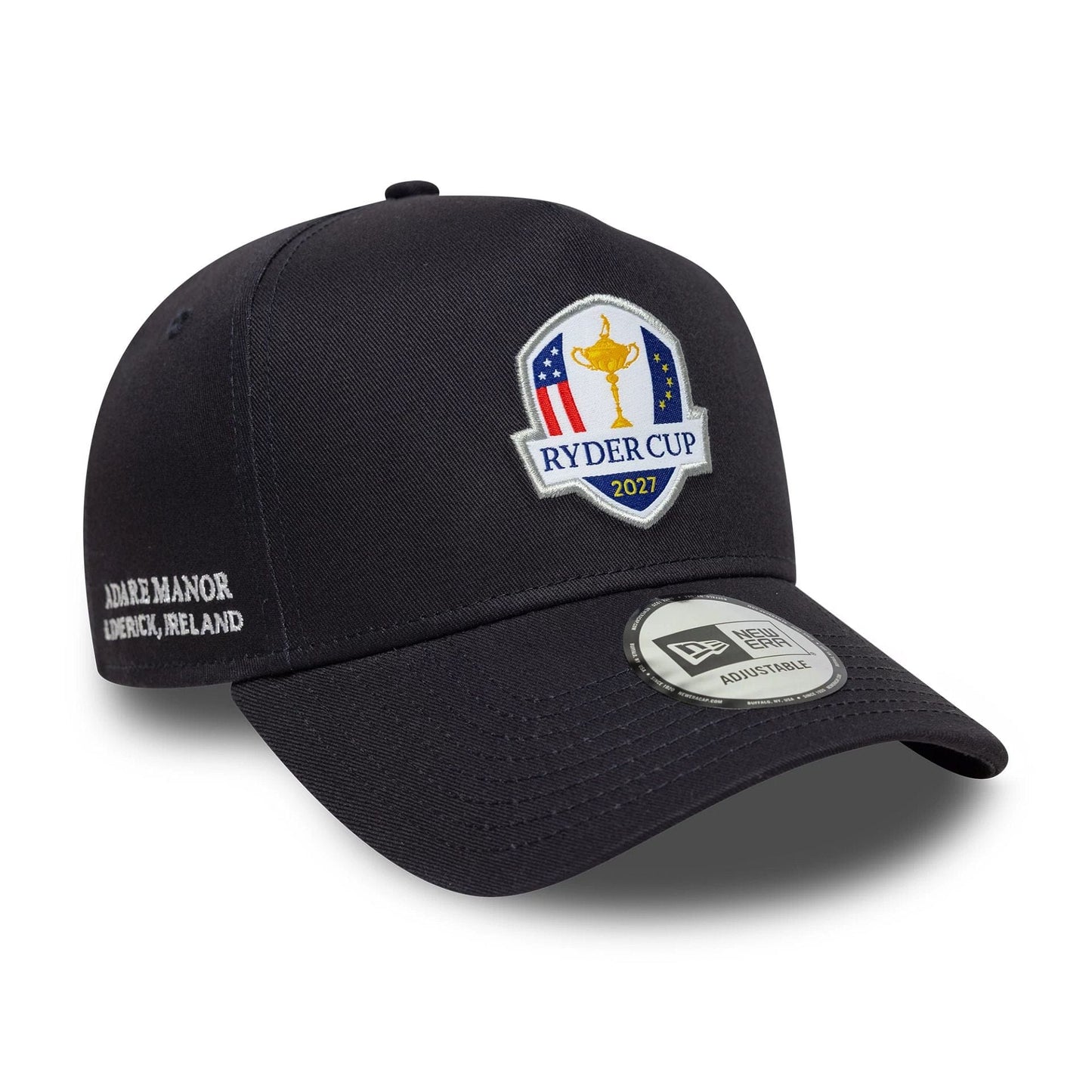 Pictured is this Core Ryder Cup Europe 2027 9FORTY A-Frame Trucker cap in navy. 1