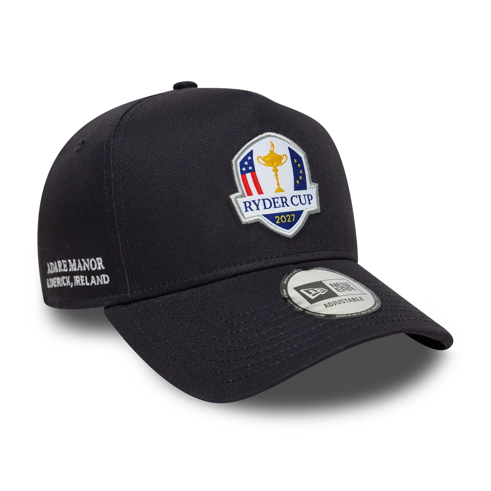 Pictured is this Core Ryder Cup Europe 2027 9FORTY A-Frame Trucker cap in navy. 1