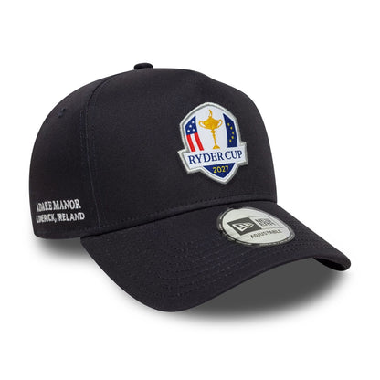 Pictured is this Core Ryder Cup Europe 2027 9FORTY A-Frame Trucker cap in navy. 1