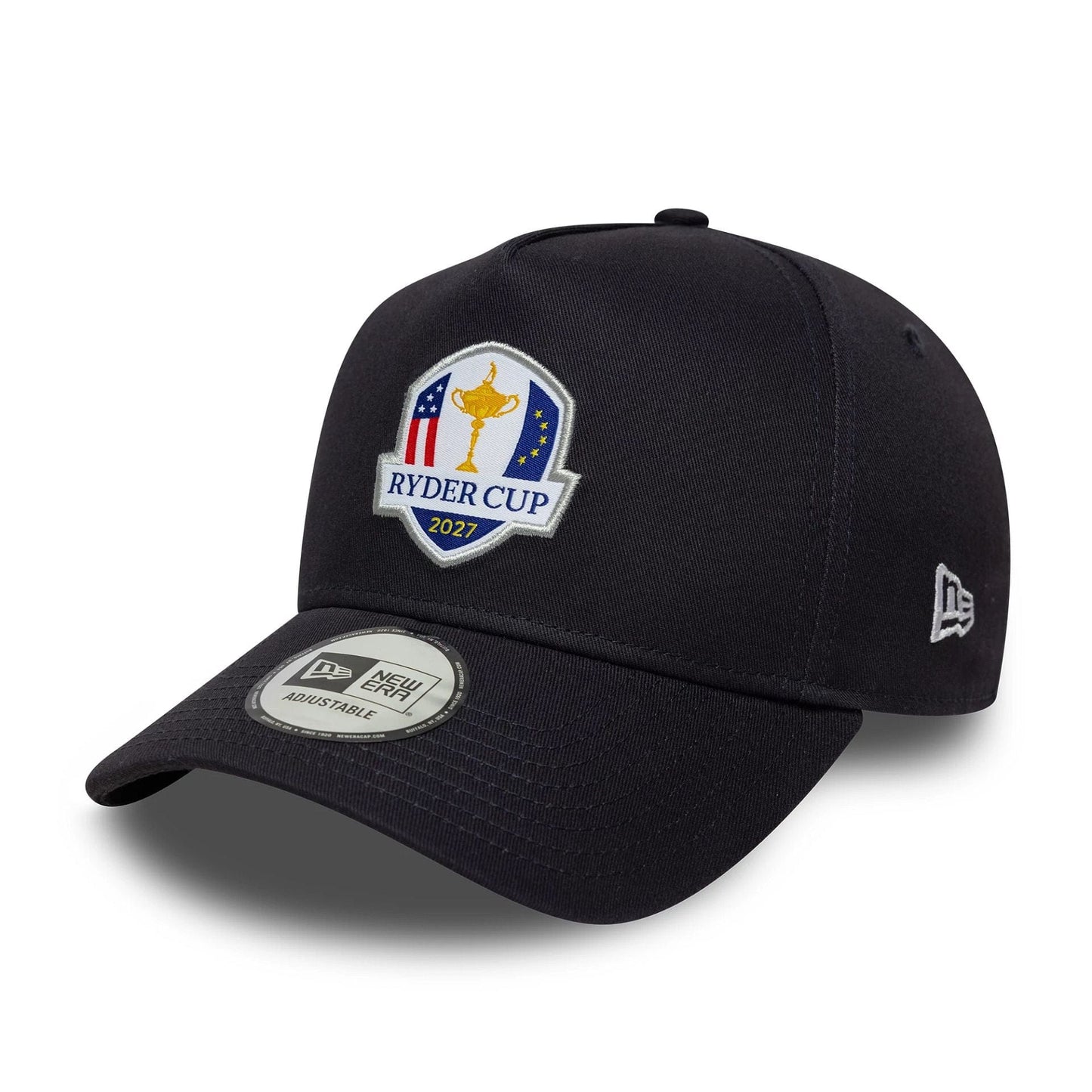 Pictured is this Core Ryder Cup Europe 2027 9FORTY A-Frame Trucker cap in navy. 3