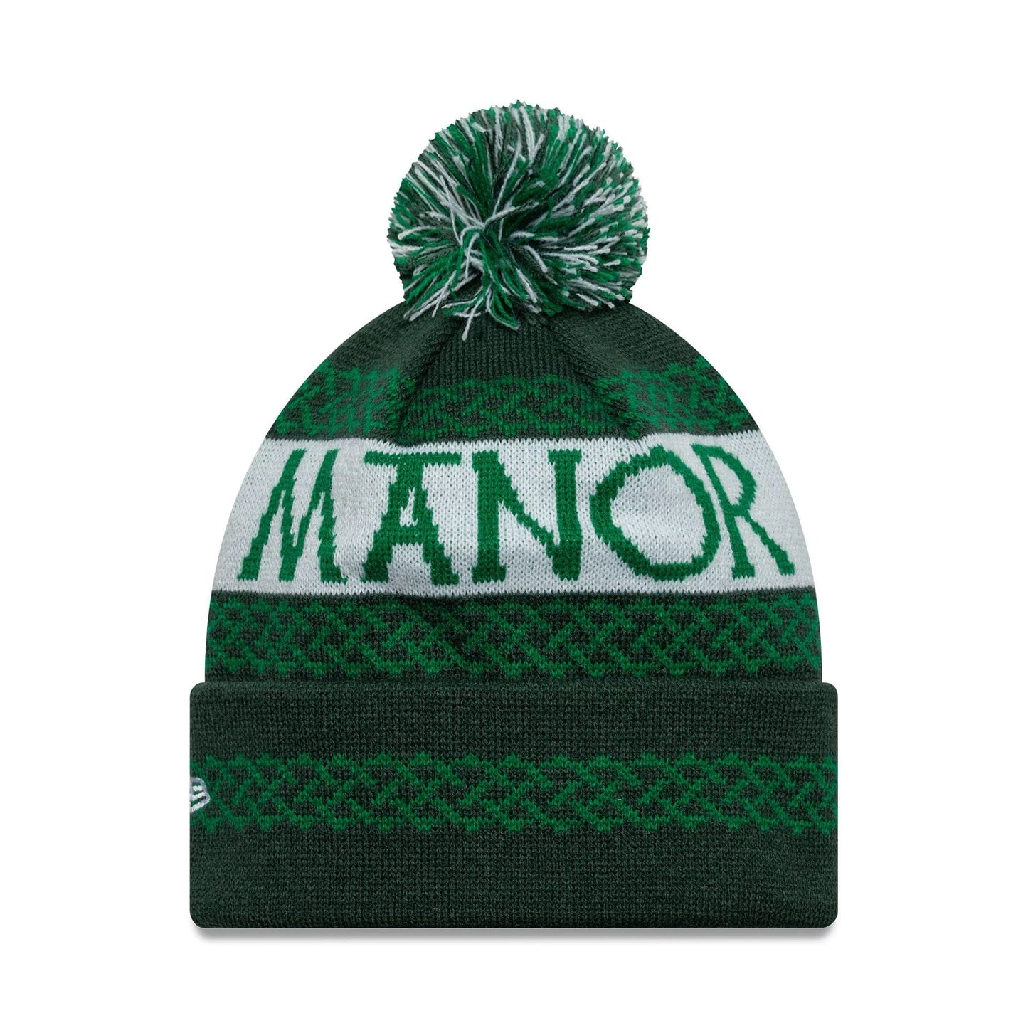 Pictured is this Adare Manor Ryder Cup Europe 2027 Bobble Knit Beanie cap in green. 2