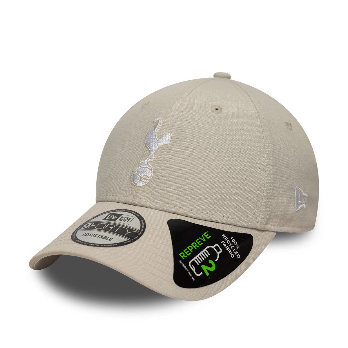 Repreve® Tottenham Hotspur FC Cream New Era 9FORTY Adjustable Cap, three-quarter view showing the white embroidered Tottenham Hotspur logo on the front panel, with a curved visor adorned with a 9FORTY size sticker.