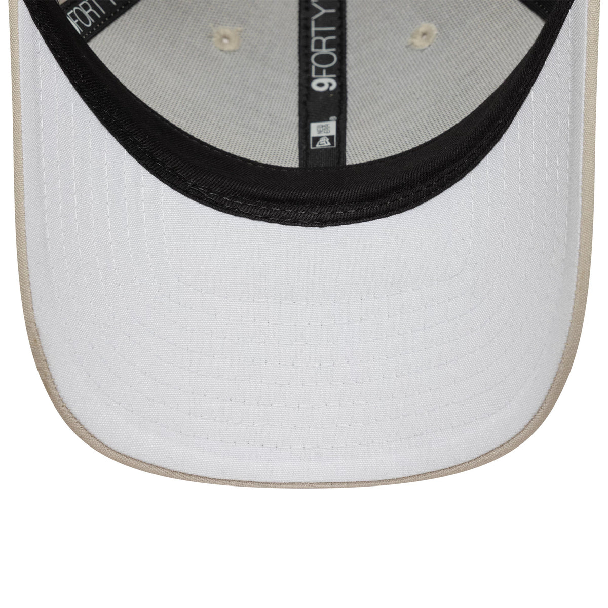Repreve® Tottenham Hotspur FC Cream New Era 9FORTY Adjustable Cap, inside view showing the black inner sweatband, the cream undervisor, and the black 9FORTY taping along the seams.