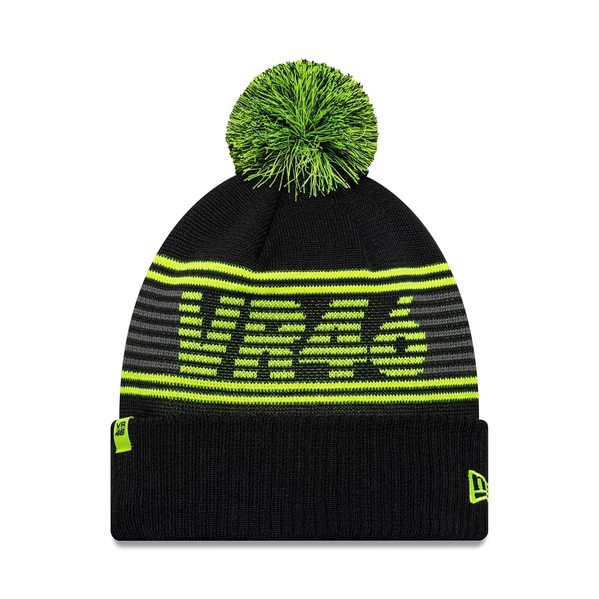 Pictured is this Recycled VR46 Bobble Knit Beanie in black. 1
