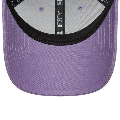 Tottenham Hotspur FC Pastel Purple New Era 9FORTY Adjustable Cap, inside view showing the black sweatband, grey interior panels with lavender eyelets, and displaying the 9FORTY label on the black taping above the pastel purple curved visor.