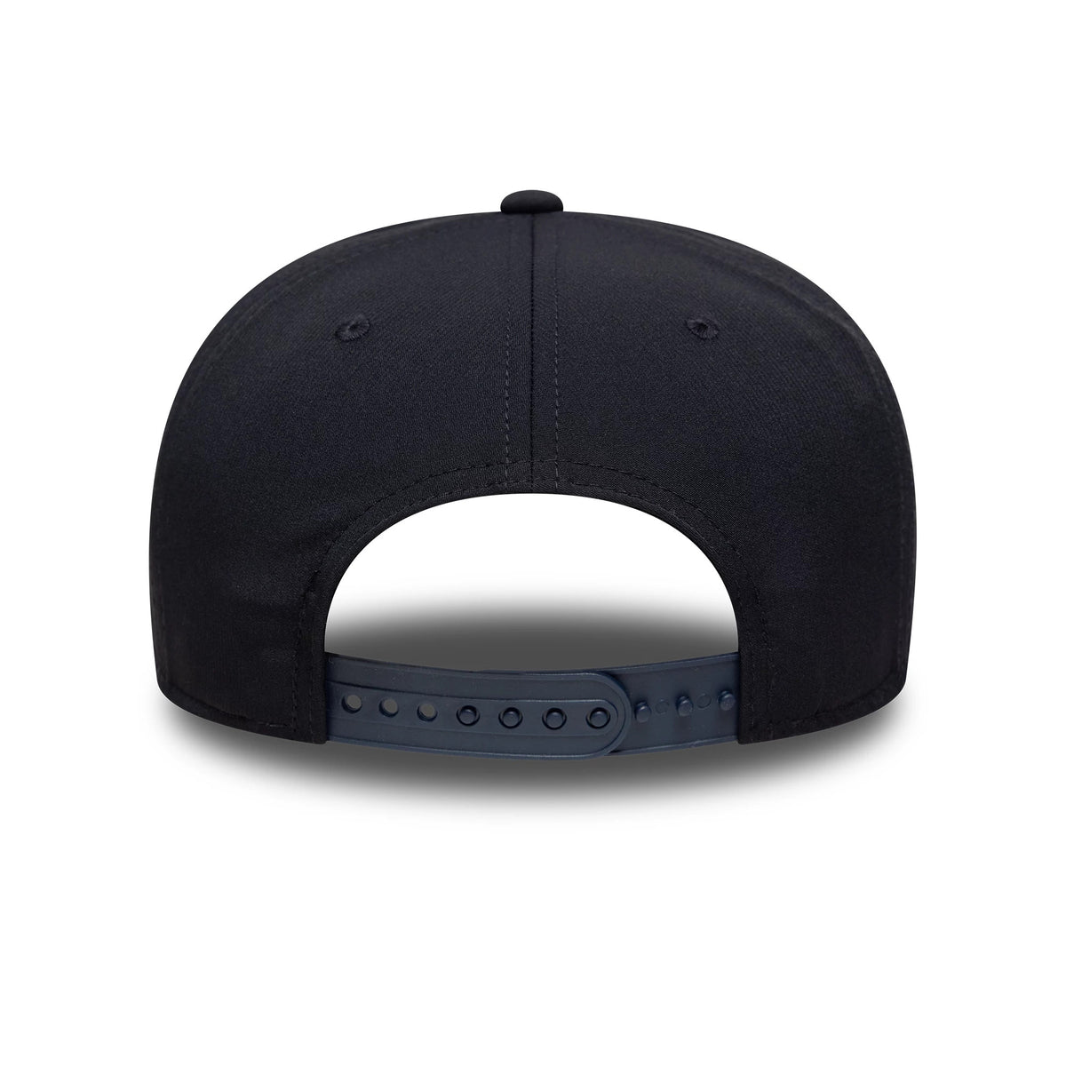 Chelsea FC Lion Crest Iridescent Navy New Era 9SEVENTY Stretch Snap Cap, rear view displaying the adjustable snap closure and the structure of the dark navy crown, with eyelets and a top button adding detail to the design.
