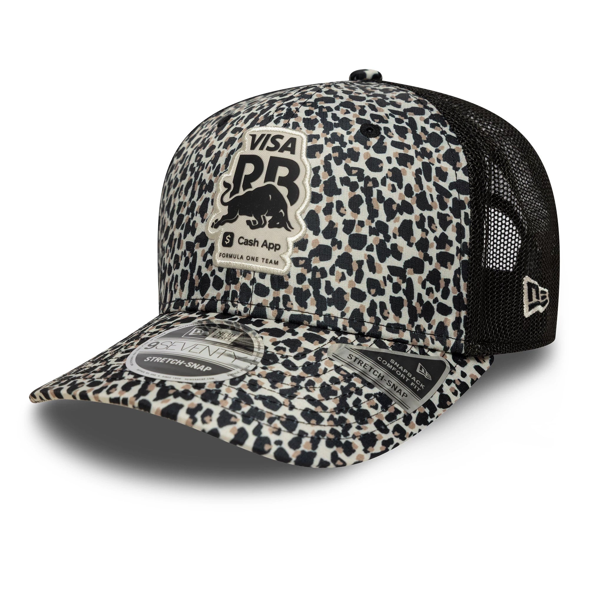 Pictured is this Leopard Visa Cash App Racing Bulls 9SEVENTY Stretch Snap in light beige. 1
