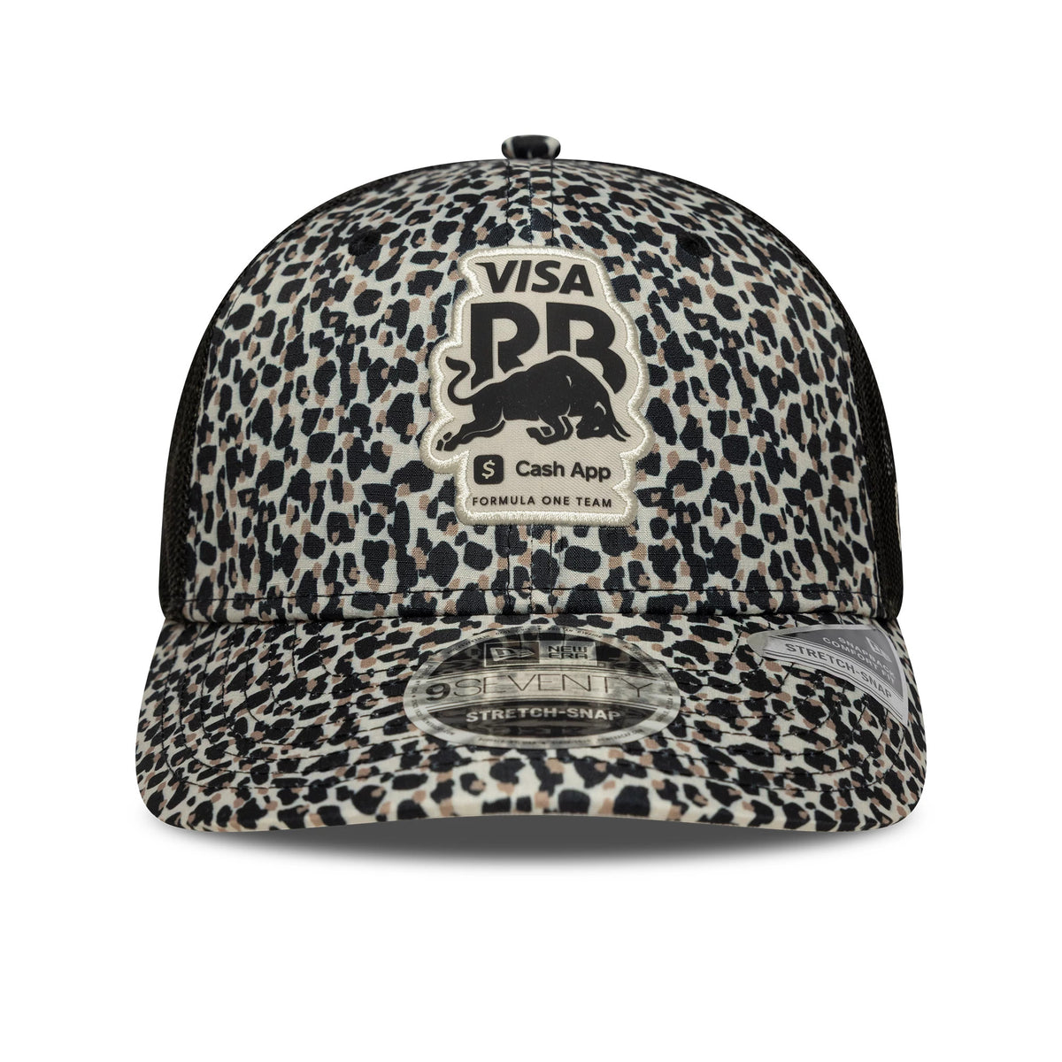 Visa Cash App Racing Bulls Leopard New Era 9SEVENTY Stretch Snap Cap, front view showing the embroidered logo patch on a leopard-print crown, flat black visor with a 9SEVENTY size sticker, and black mesh side panels.