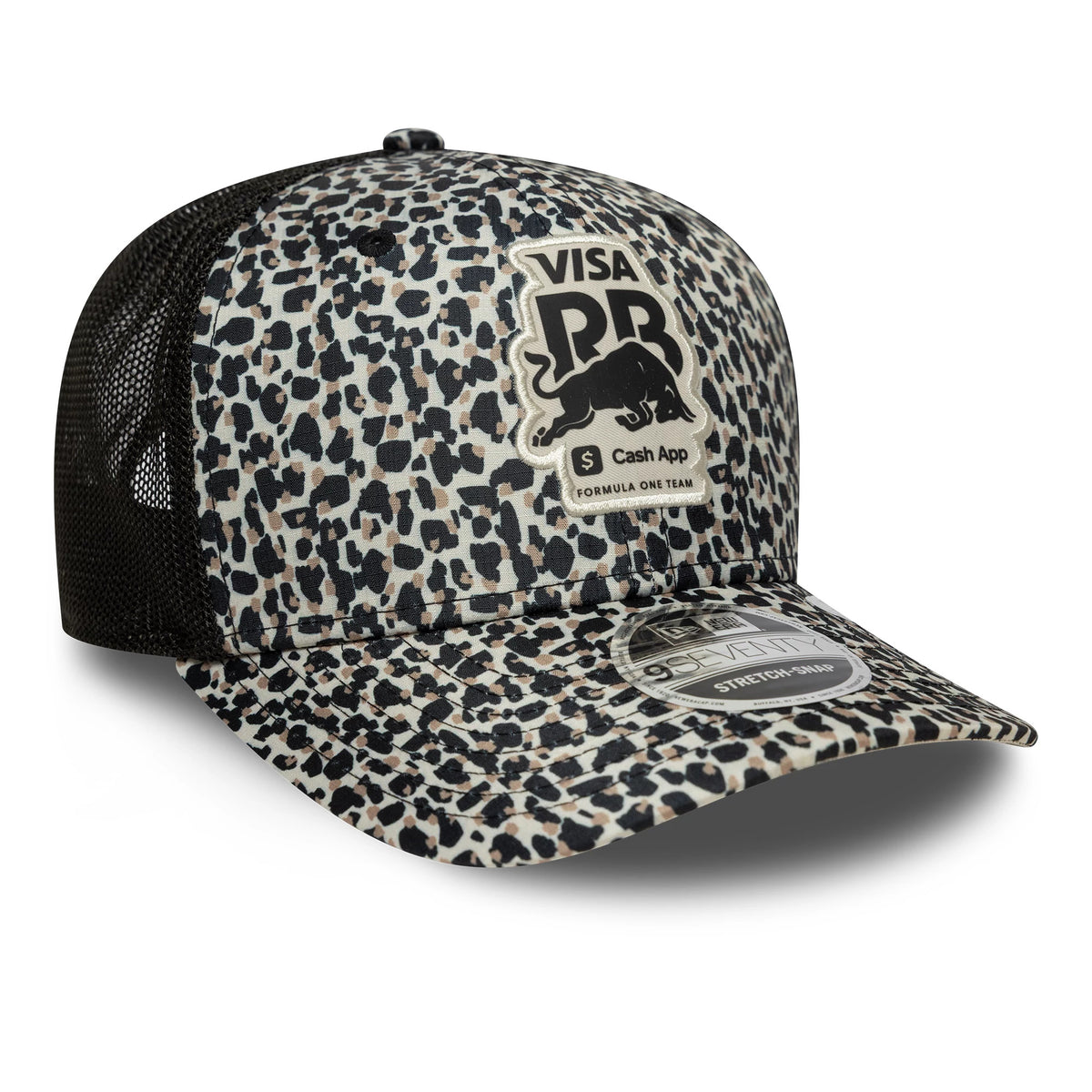 Visa Cash App Racing Bulls Leopard New Era 9SEVENTY Stretch Snap Cap, three-quarter view showing the embroidered Visa RR logo on the front panel, a black mesh back, and a 9SEVENTY size sticker on the leopard-print visor.
