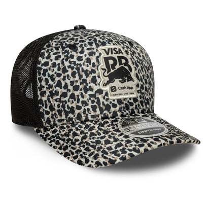 Visa Cash App Racing Bulls Leopard New Era 9SEVENTY Stretch Snap Cap, three-quarter view showing the embroidered Visa RR logo on the front panel, a black mesh back, and a 9SEVENTY size sticker on the leopard-print visor.