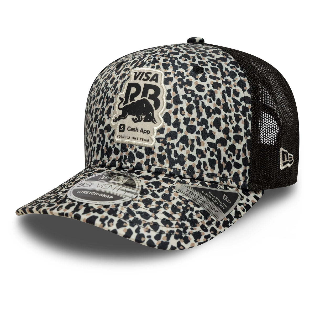 Visa Cash App Racing Bulls Leopard New Era 9SEVENTY Stretch Snap Cap, three-quarter view showing a prominent Visa RB logo patch on the leopard print front panel, with black mesh sides and a 9SEVENTY size sticker on the curved visor.