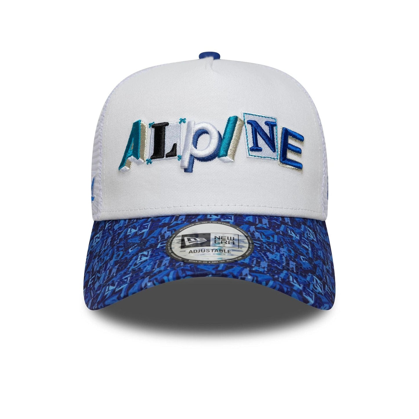 Pictured is this All Over Print Alpine Racing 9FORTY A-Frame Trucker in white. 2