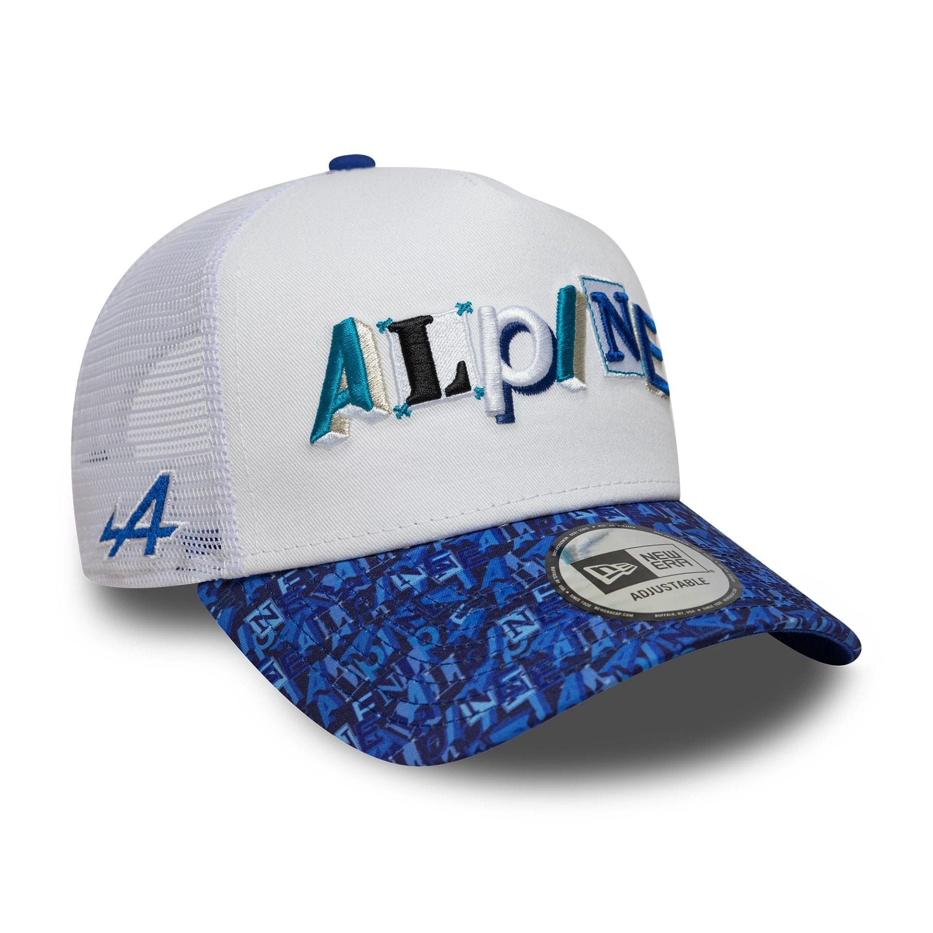 Pictured is this All Over Print Alpine Racing 9FORTY A-Frame Trucker in white. 1