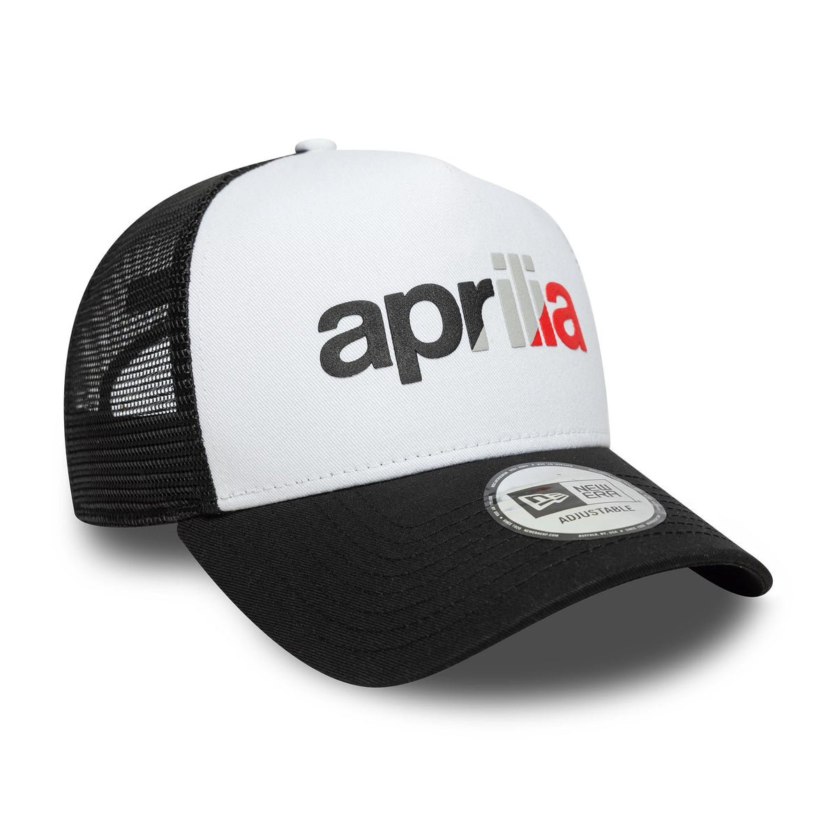 Aprilia Wordmark Black New Era 9FORTY A-Frame Trucker Cap, three-quarter view with a black visor and grey 9FORTY size sticker, featuring a white front panel and an embroidered black and red Aprilia logo.