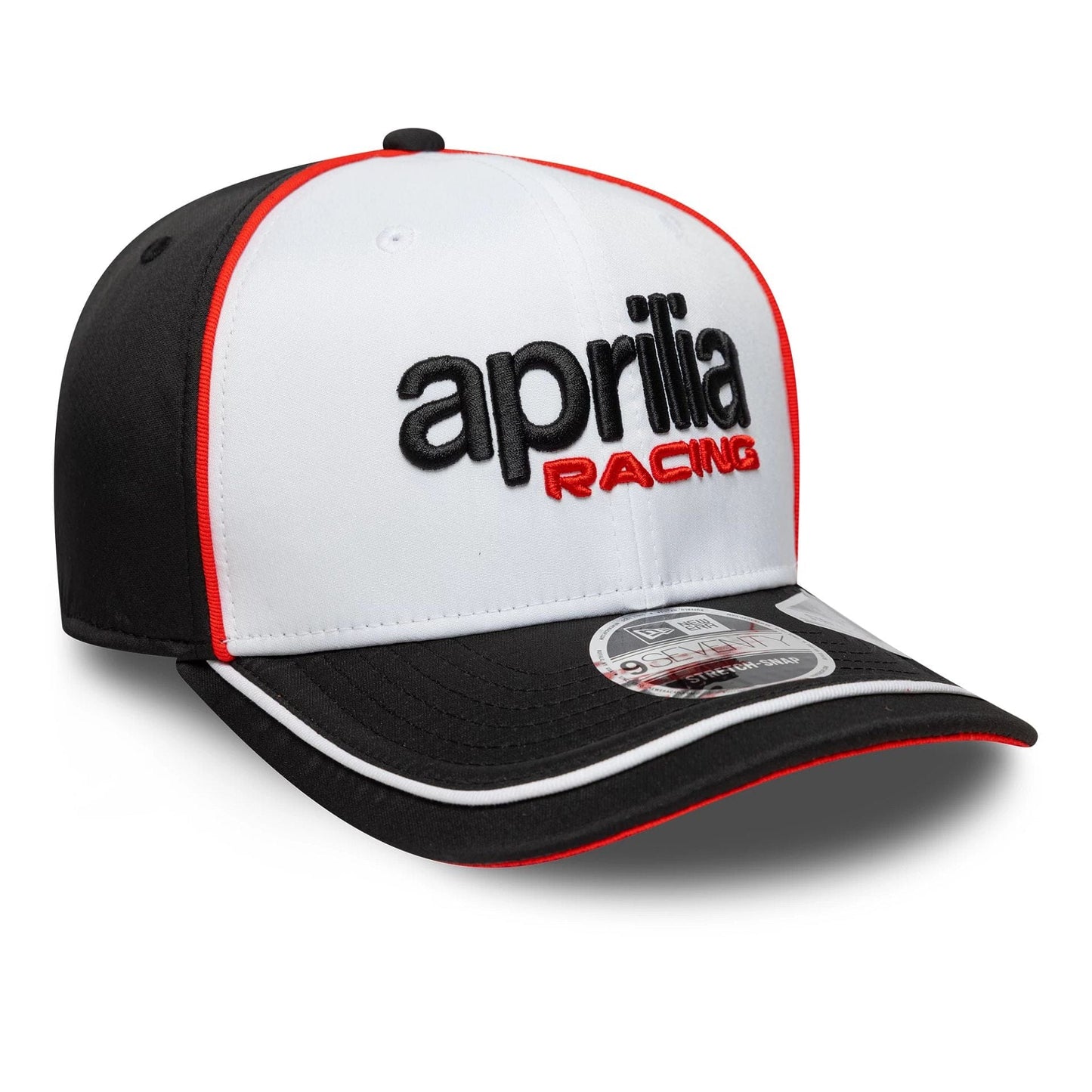 Pictured is this Aprilia Logo 9SEVENTY Stretch Snap in white. 3
