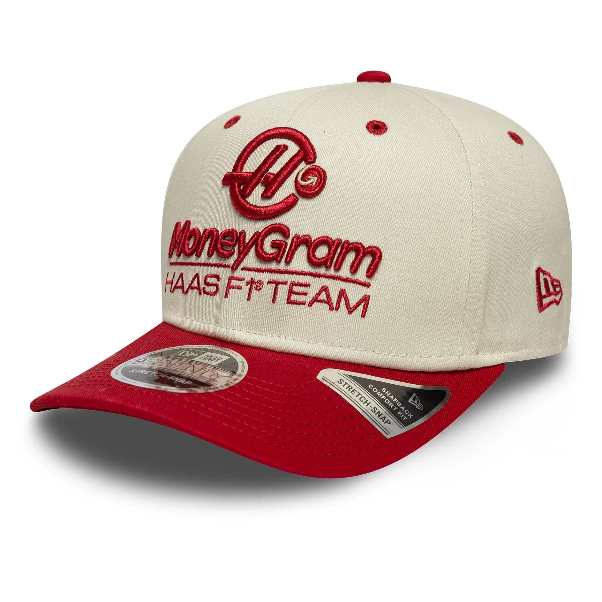 Pictured is this Wordmark MoneyGram Haas F1 9SEVENTY Stretch Snap in Cream. 1