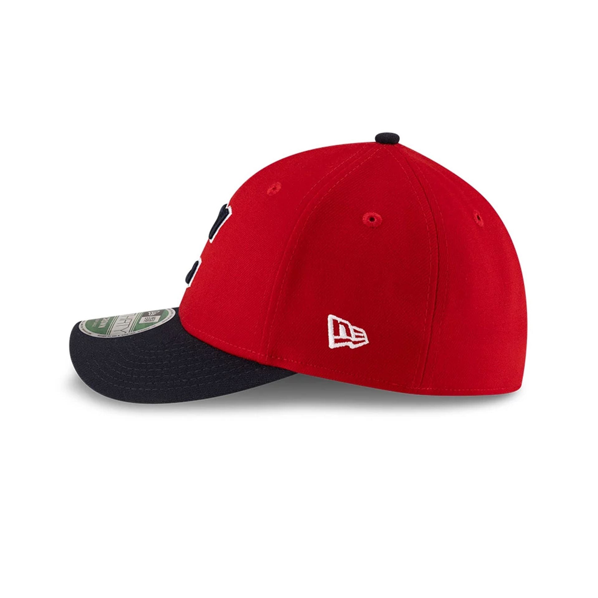 Pictured is this MLB Player Replica Cleveland Guardians 39THIRTY M-Crown Stretch Fit cap in Dark Red. 5
